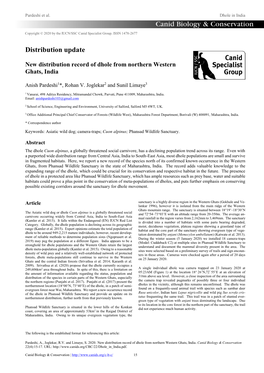 New Distribution Record of Dhole from Northern Western Ghats, India