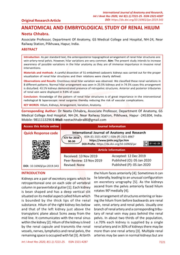 ANATOMICAL and EMBRYOLOGICAL STUDY of RENAL HILUM Neeta Chhabra