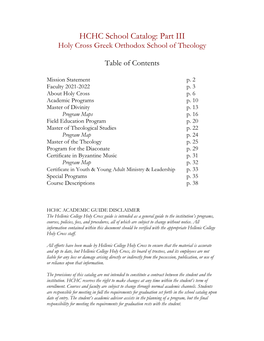 HCHC School Catalog: Part III Holy Cross Greek Orthodox School of Theology