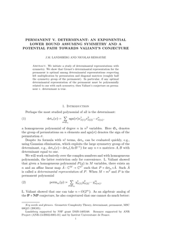 Permanent V. Determinant: an Exponential Lower Bound Assuming Symmetry and a Potential Path Towards Valiant’S Conjecture