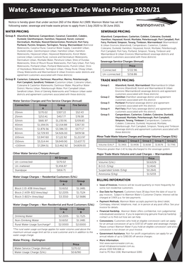 Water, Sewerage and Trade Waste Pricing 2020/21