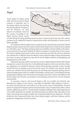 Travel Update for Nepal, Spring 2005. Tourism Arrivals in Nepal Continue