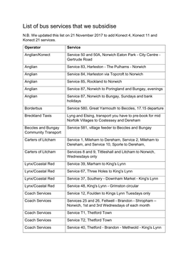 List of Bus Services That We Subsidise