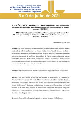 RELAÇÕES EXECUTIVO-LEGISLATIVO: Uma Análise Da Governabilidade Do Presidente Jair Bolsonaro, Na Câmara Dos Deputados, Nos Dois Primeiros Anos De Mandato (2019-2020)