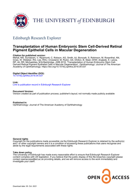 Transplantation of Human Embryonic Stem Cell-Derived Retinal