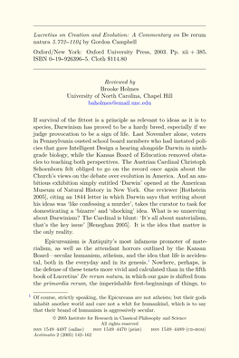 Lucretius on Creation and Evolution: a Commentary on De Rerum Natura 5.772--1104 by Gordon Campbell Oxford/New York: Oxford University Press, 2003