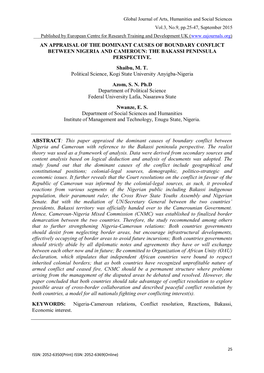 AN APPRAISAL of the DOMINANT CAUSES of BOUNDARY CONFLICT BETWEEN NIGERIA and CAMEROUN: the BAKASSI PENINSULA PERSPECTIVE. Shaibu, M