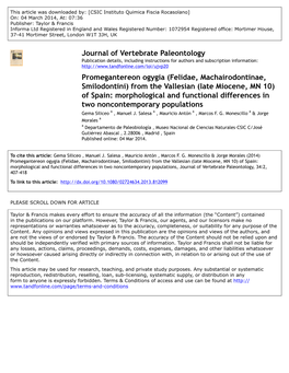 Journal of Vertebrate Paleontology Promegantereon Ogygia (Felidae, Machairodontinae, Smilodontini) from the Vallesian (Late Mioc