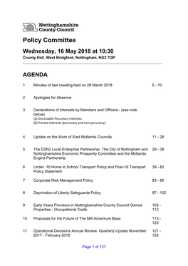 Policy Committee Wednesday, 16 May 2018 at 10:30 County Hall, West Bridgford, Nottingham, NG2 7QP