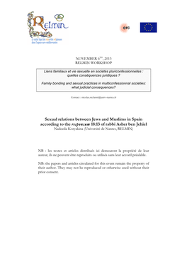 Sexual Relations Between Jews and Muslims in Spain According to the Responsum 18:13 of Rabbi Asher Ben Jehiel Nadezda Koryakina (Université De Nantes, RELMIN)