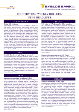COUNTRY RISK WEEKLY BULLETIN NEWS HEADLINES NORTHS AFRICA SUDAN Rising Risk of Attacks U.S
