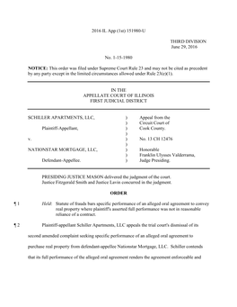 Schiller Apartments, LLC V. Nationstar Mortgage, LLC 2016 IL App (1St) 151980-U