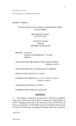 Jorhat Gr Case No: 412/2011 U/S 279/337, Ipc State Of
