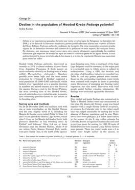 Decline in the Population of Hooded Grebe Podiceps Gallardoi? André Konter Received 4 February 2007; Final Revision Accepted 15 June 2007 Cotinga 29 (2008): 135–138