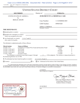 UNITED STATES DISTRICT COURT SOUTHERN District of INDIANA UNITED STATES of AMERICA JUDGMENT in a CRIMINAL CASE V