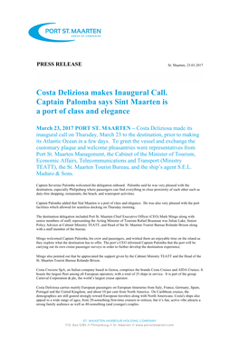 Costa Deliziosa Makes Inaugural Call. Captain Palomba Says Sint Maarten Is a Port of Class and Elegance