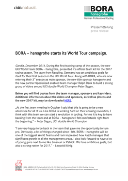 BORA – Hansgrohe Starts Its World Tour Campaign