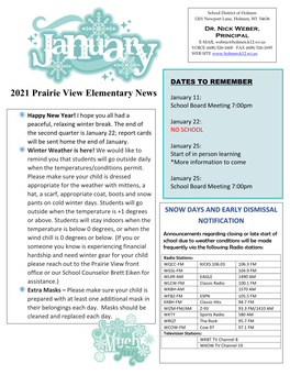 2021 Prairie View Elementary News January 11: School Board Meeting 7:00Pm Happy New Year! I Hope You All Had a Peaceful, Relaxing Winter Break