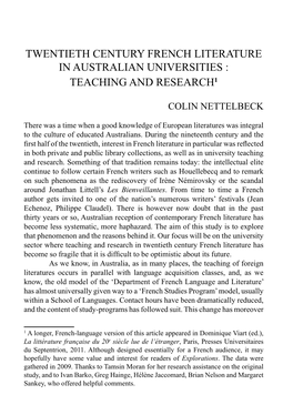 Twentieth Century French Literature in Australian Universities : Teaching and Research1