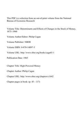 Determinants and Effects of Changes in the Stock of Money, 1875–1960