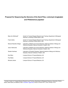 Proposal for Sequencing the Genome of the Sand Flies, Lutzomyia Longipalpis and Phlebotomus Papatasi