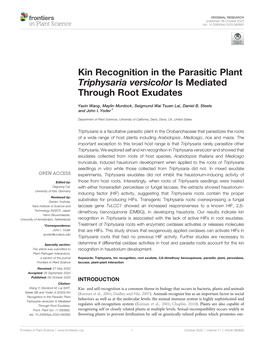 Kin Recognition in the Parasitic Plant Triphysaria Versicolor Is Mediated Through Root Exudates