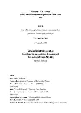 Management Et Représentation Enquête Sur Les Représentations Du Management Dans Le Cinéma Français, 1895-2005