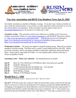 Van Arty Association and RUSI Van Members News Jan 21, 2020