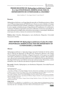 Primer Registro De Hydnopolyporus Fimbriatus (Cooke) D.A. Reid (Polyporales: Meripilaceae)