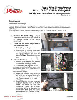 Toyota Hilux, Toyota Fortuner 2.5L & 3.0L D4D MY05-11, Unichip Pnp Installation Instructions and Warranty Information
