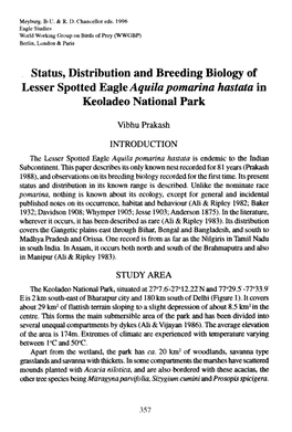 Status, Distribution and Breeding Biology of Lesser Spotted Eagleaquila Pomarina Hastata in Keoladeo National Park