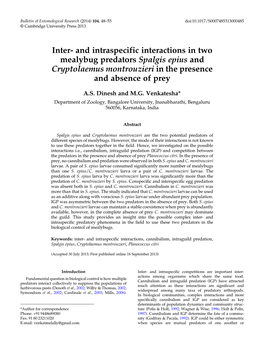 And Intraspecific Interactions in Two Mealybug Predators Spalgis Epius and Cryptolaemus Montrouzieri in the Presence and Absence of Prey