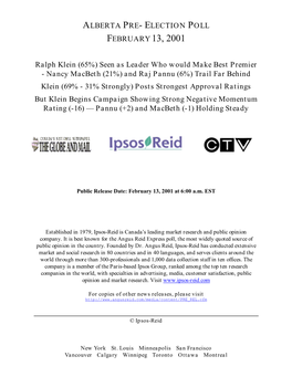 ALBERTA PRE- ELECTION POLL FEBRUARY 13, 2001 Ralph
