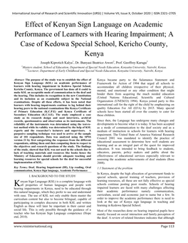 Effect of Kenyan Sign Language on Academic Performance of Learners with Hearing Impairment; a Case of Kedowa Special School, Kericho County, Kenya