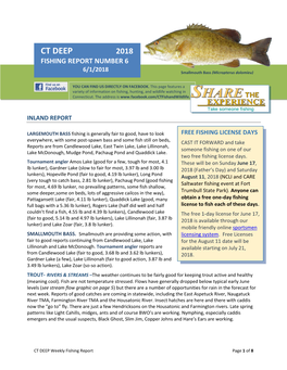CT DEEP 2018 FISHING REPORT NUMBER 6 Channel Catfish (Ictalurus Punctatus) 6/1/2018 Smallmouth Bass (Micropterus Dolomieu)