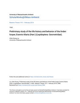Preliminary Study of the Life History and Behavior of the Linden Looper, Erannis Tiliaria (Harr.) (Lepidoptera: Geometridae)