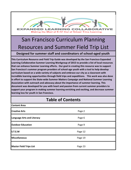 San Francisco Curriculum Planning Resources and Summer Field Trip List Designed for Summer Staff and Coordinators of School-Aged Youth