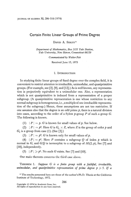 Certain Finite Linear Groups of Prime Degree