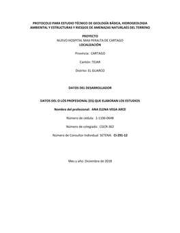 Protocolo Para Estudio Técnico De Geología Básica, Hidrogeologia Ambiental Y Estructuras Y Riesgos De Amenazas Naturlaes Del Terreno