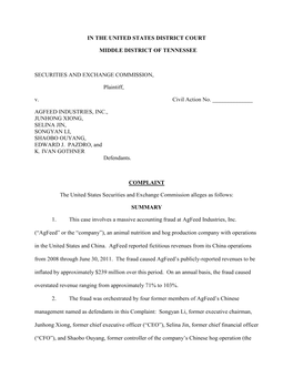 SEC Complaint: Agfeed Industries, Inc., Junhong Xiong, Selina Jin, Songyan Li, Shaobo Ouyang, Edward J. Pazdro, and K. Ivan Goth