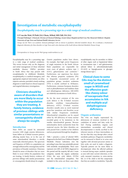 Investigation of Metabolic Encephalopathy Encephalopathy May Be a Presenting Sign in a Wide Range of Medical Conditions