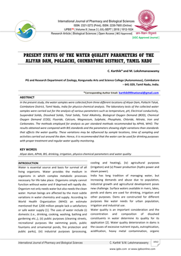 Present Status of the Water Quality Parameters of the Aliyar Dam, Pollachi, Coimbatore District, Tamil Nadu