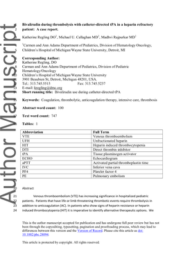 Bivalirudin During Thrombolysis with Catheter-Directed Tpa in a Heparin Refractory 2 Patient: a Case Report