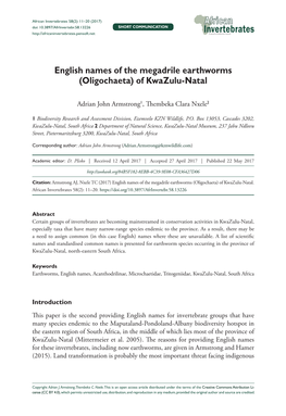 English Names of the Megadrile Earthworms (Oligochaeta) of Kwazulu-Natal