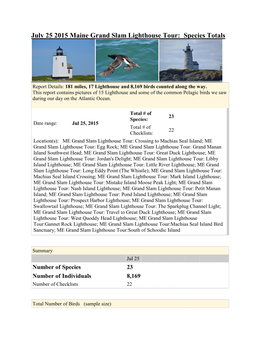July 25 2015 Maine Grand Slam Lighthouse Tour: Species Totals