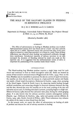 The Role of the Salivary Glands in Feeding in Rhodnius Prolixus