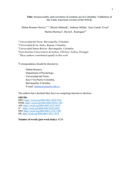 Title: Sociosexuality and Correlates of Condom Use in Colombia: Validation of the Latin American Version of the SOI-R