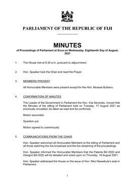 MINUTES of Proceedings of Parliament at Suva on Wednesday, Eighteenth Day of August, 2021