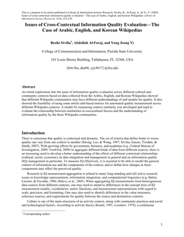 Issues of Cross-Contextual Information Quality Evaluation—The Case of Arabic, English, and Korean Wikipedias