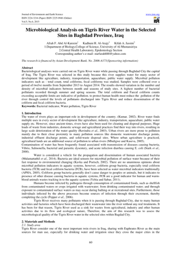 Microbiological Analysis on Tigris River Water in the Selected Sites in Baghdad Province, Iraq